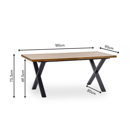 Wooden table with dimensions labeled on a white background
