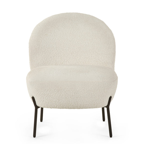 Beige cushioned chair with black legs on a white background