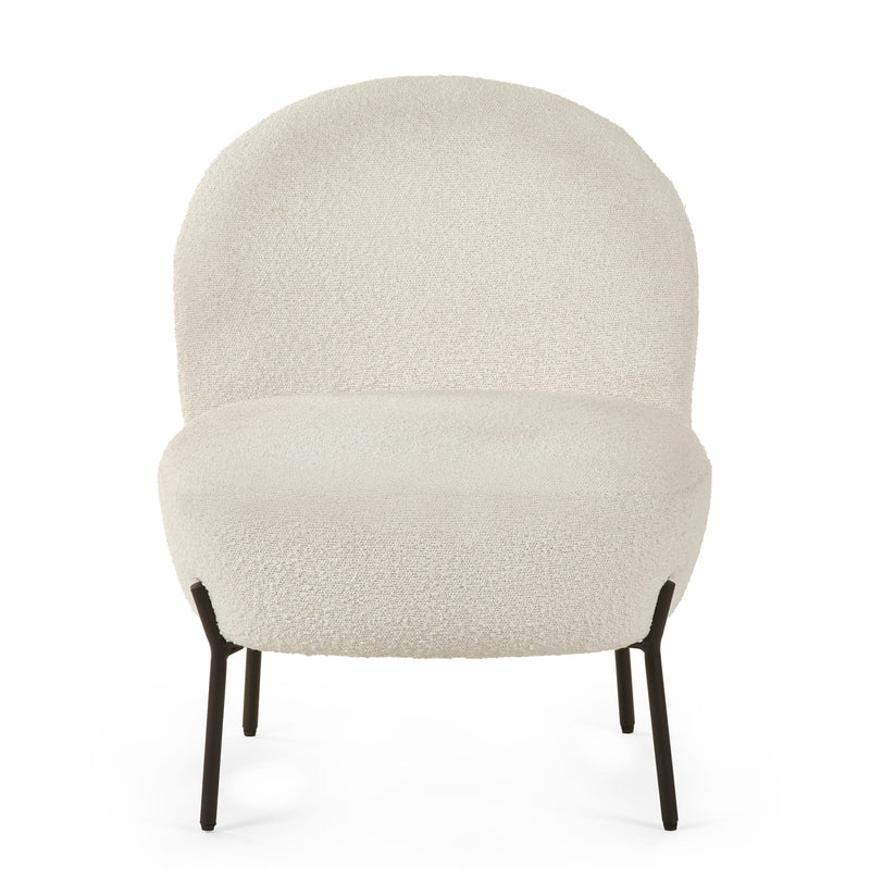 Beige cushioned chair with black legs on a white background