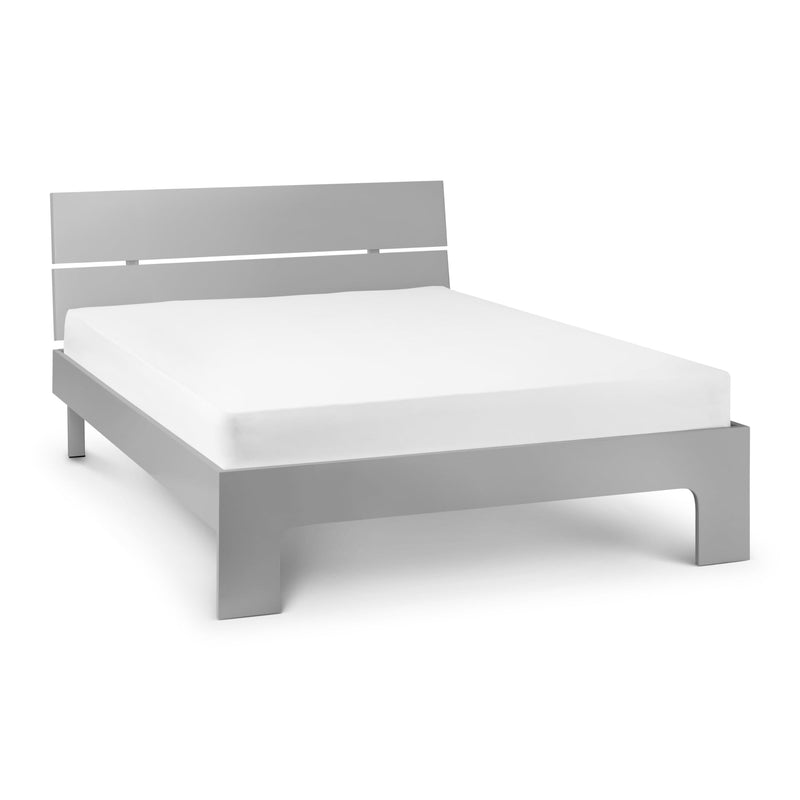 Gray metal bed frame with white mattress on a white background