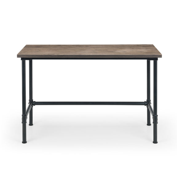 Wooden table with black metal legs on a white background