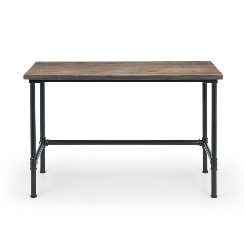 Wooden table with black metal legs on a white background