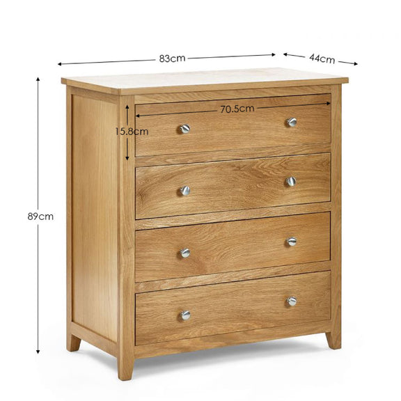Wooden dresser with dimensions labeled on a white background
