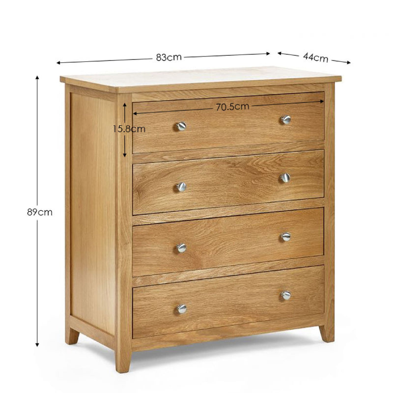 Wooden dresser with dimensions labeled on a white background
