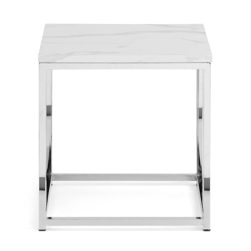 White metal side table on a white background