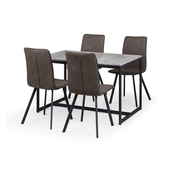Dining table set with four chairs on a white background