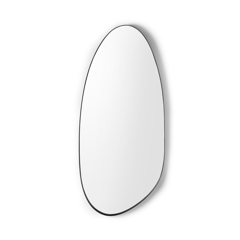 Egg-shaped mirror with black rim on a white background