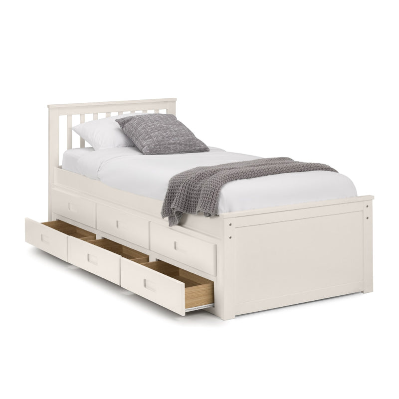 White wooden bed with storage drawers on a white background