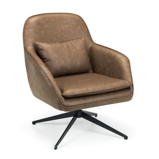 Brown leather armchair with a black metal base on a white background