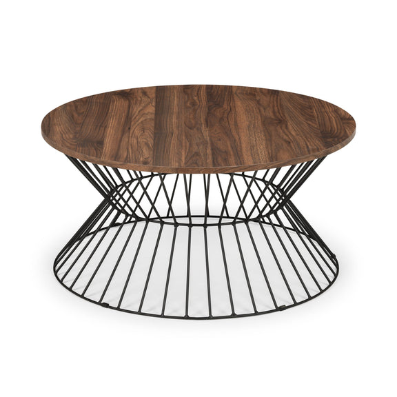 Round wooden table with a black wire base on a white background