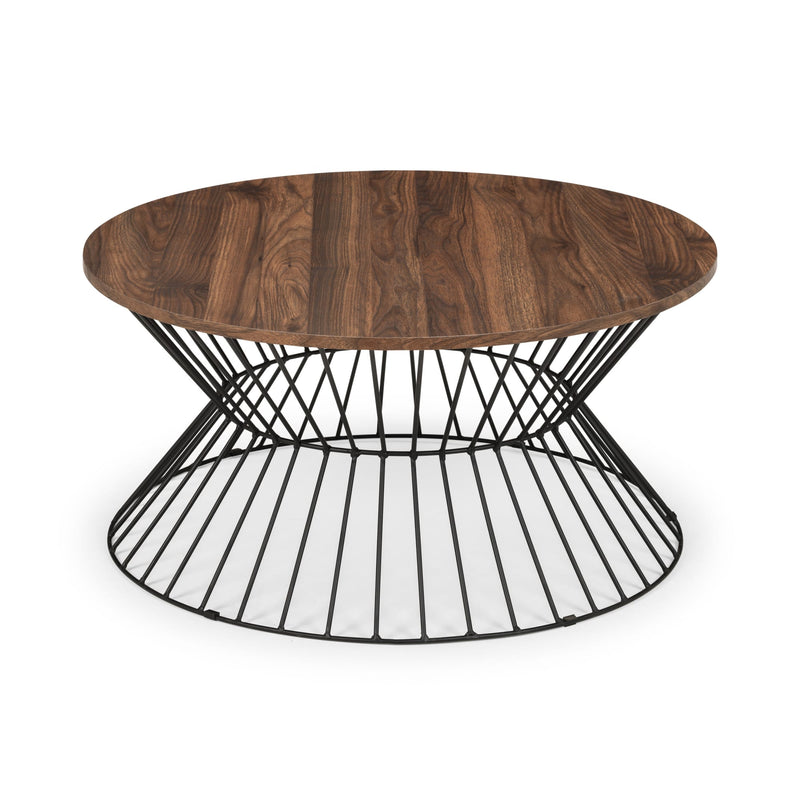 Round wooden table with a black wire base on a white background