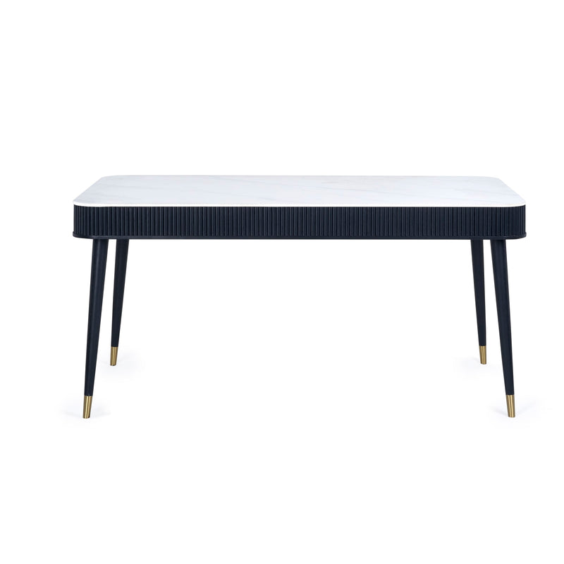 Rectangular table with black base and white top on a white background