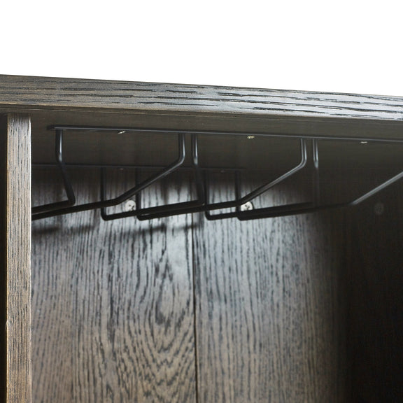 Wooden cabinet with black metal hooks on a white background