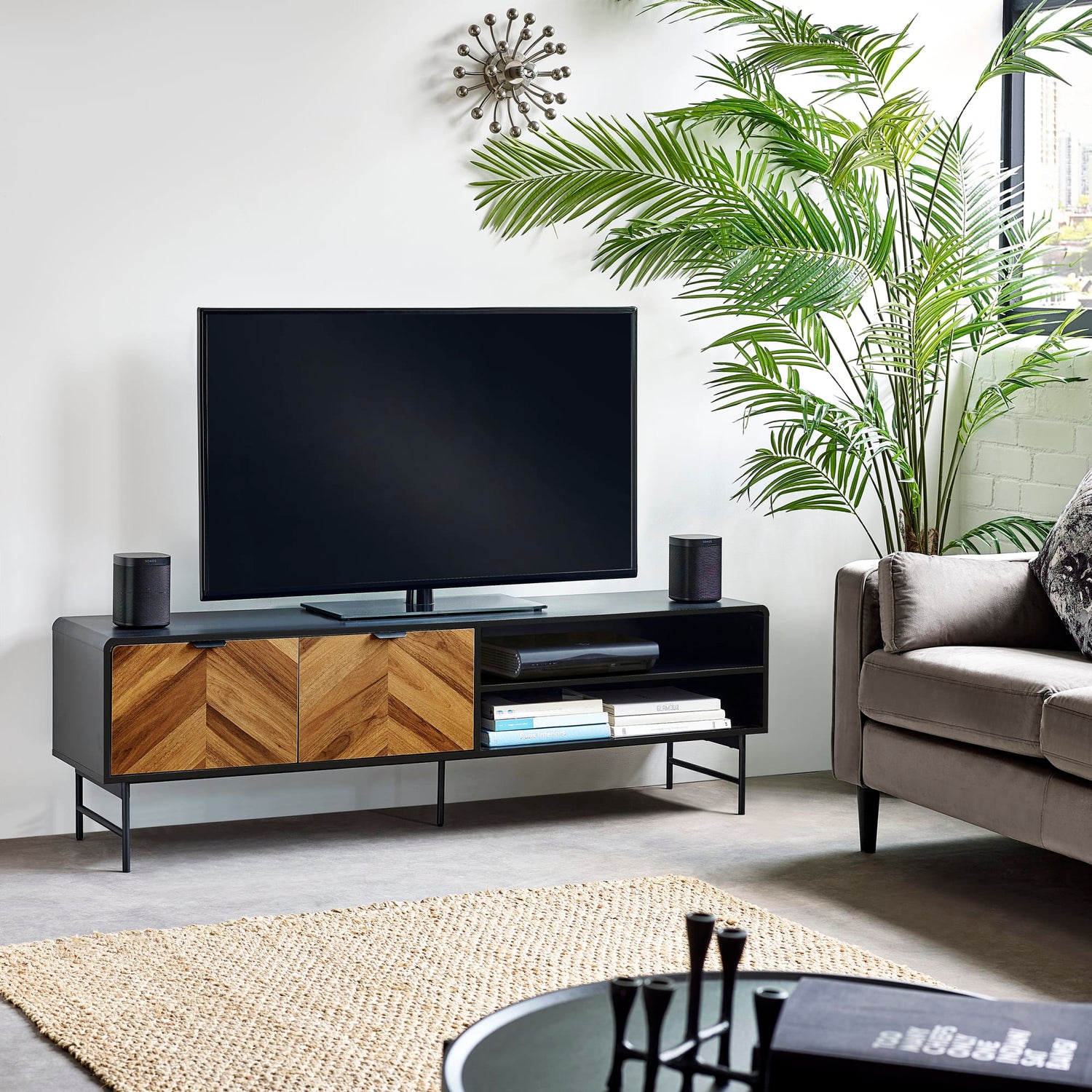 Modern living room with a TV stand, sofa, and decorative plants.