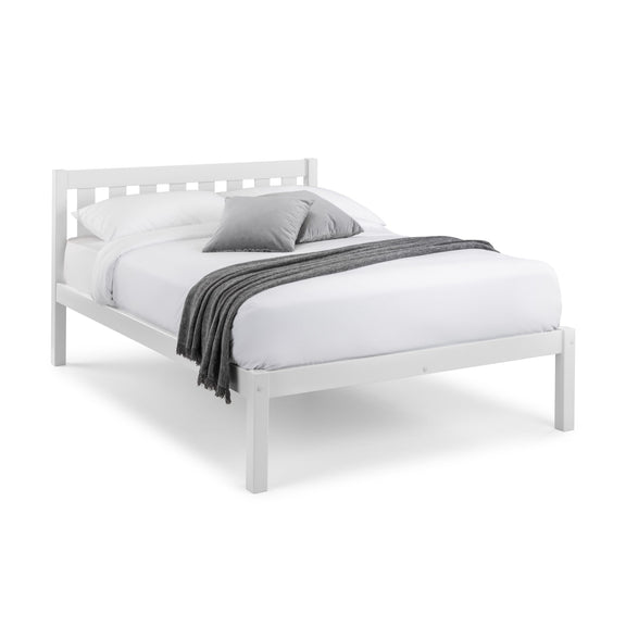 White bed frame with gray bedding on a white background