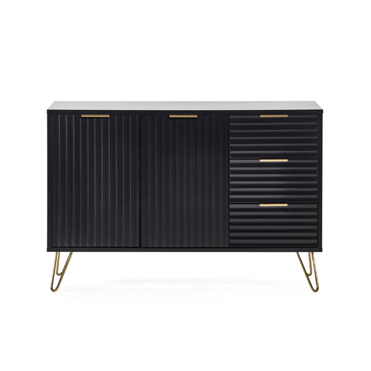 Black cabinet with ribbed design and gold handles on a white background