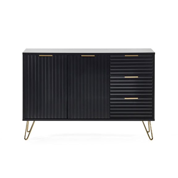 Black cabinet with ribbed design and gold handles on a white background