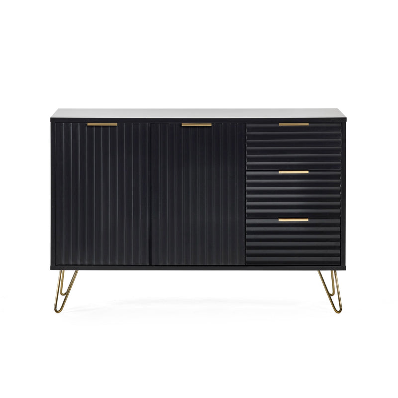 Black cabinet with ribbed design and gold handles on a white background