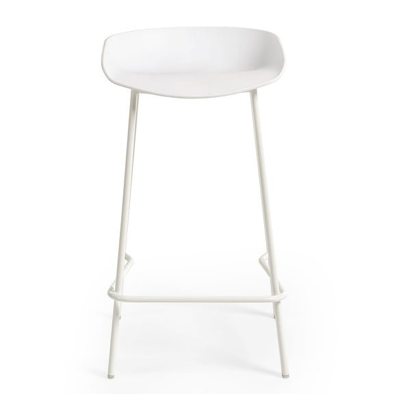 White bar stool with a minimalist design on a white background