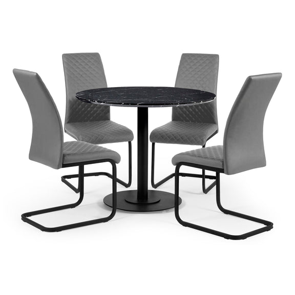 Black round dining table with four gray chairs on a white background