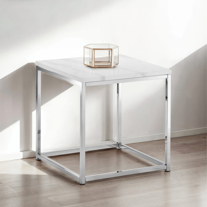 Modern side table with a glass cube on a white background