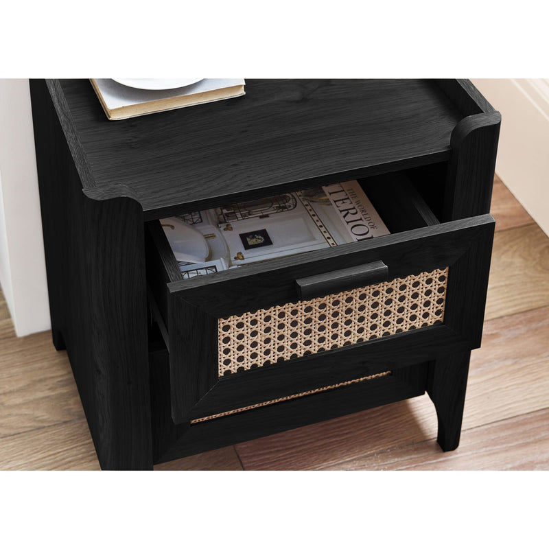 Dimensions of black two drawer bedside table with woven rattan fronts