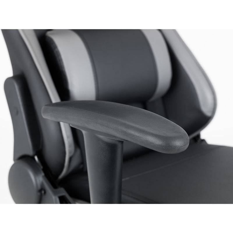 Close-up of a black office chair with armrests on a white background