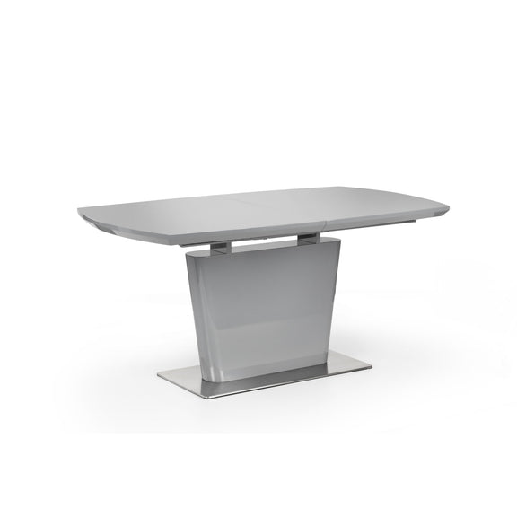 Modern dining table with a gray surface and metal base on a white background