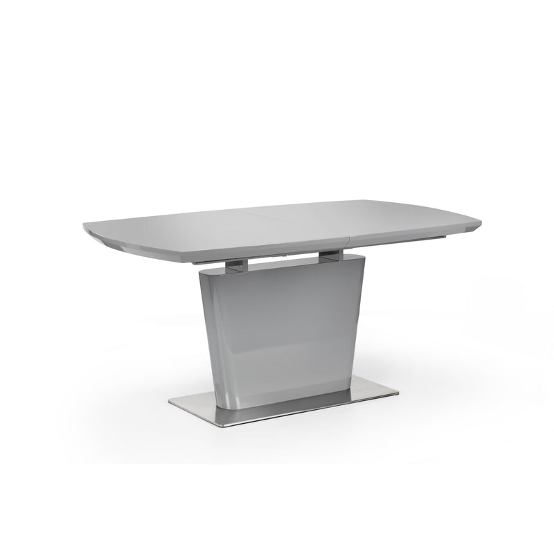 Modern dining table with a gray surface and metal base on a white background