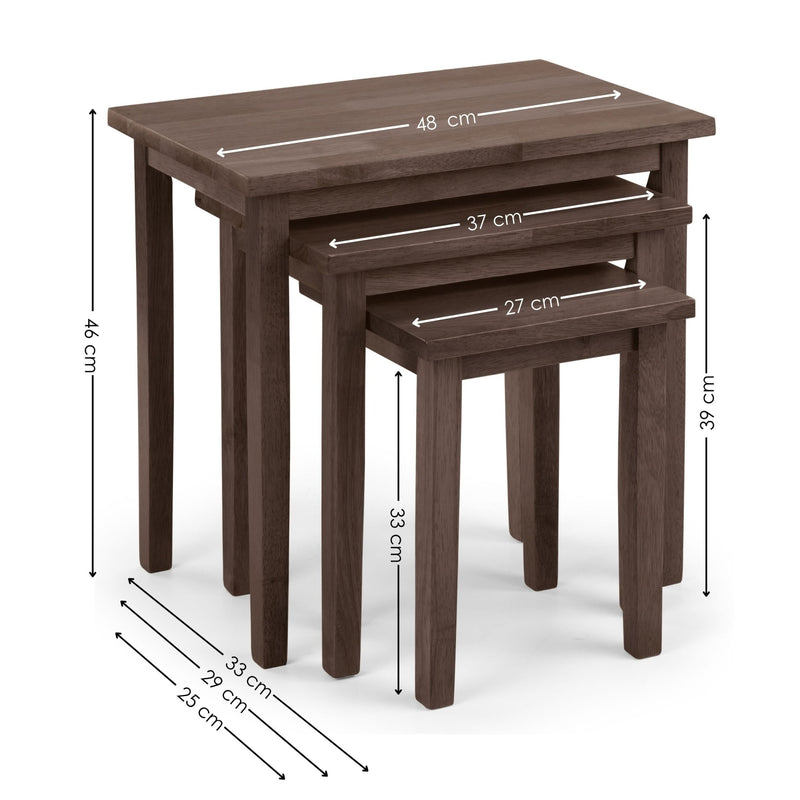 Set of three wooden nesting tables with dimensions on a white background