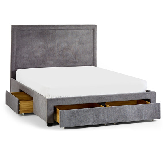 Gray upholstered bed with storage drawers on a white background