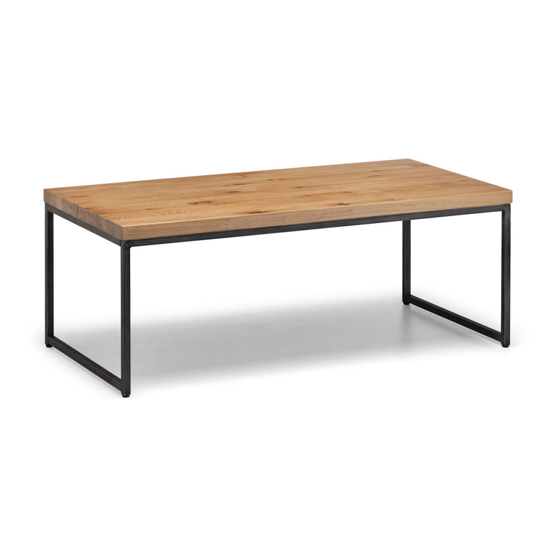 Wooden table with black metal legs on a white background
