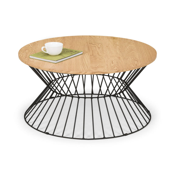 Wooden coffee table with a black wire base on a white background