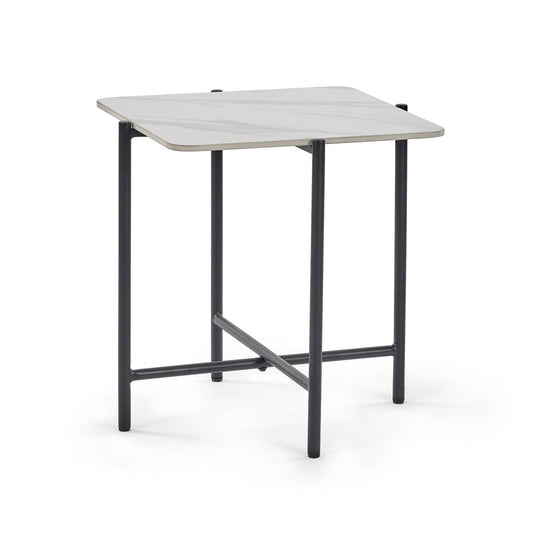 Small table with a white surface and black metal legs on a white background