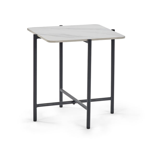 Small table with a white surface and black metal legs on a white background