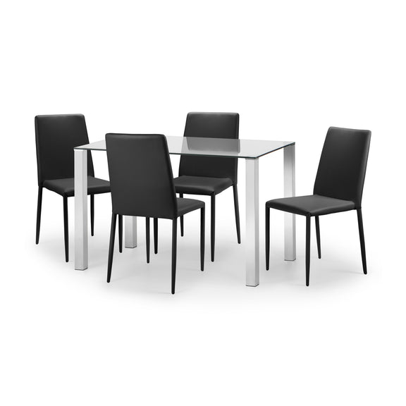 Dining table set with four black chairs on a white background