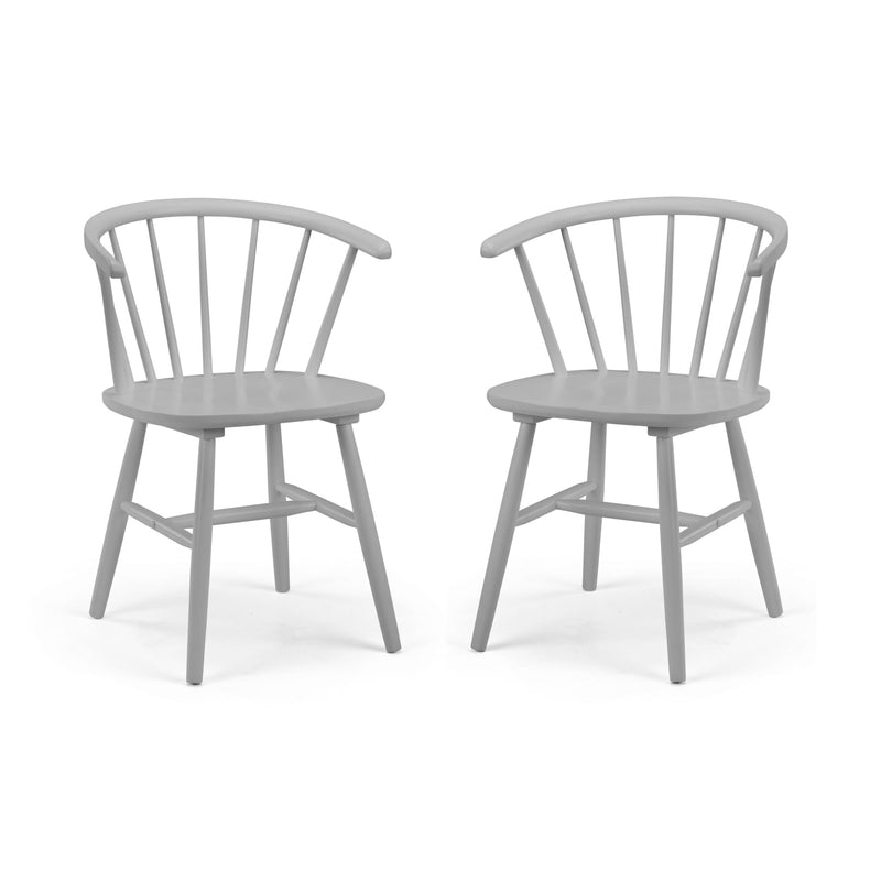 Two gray bar stools with spindle back design on a white background