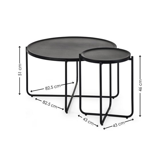 Black metal nesting tables with dimensions on a white background