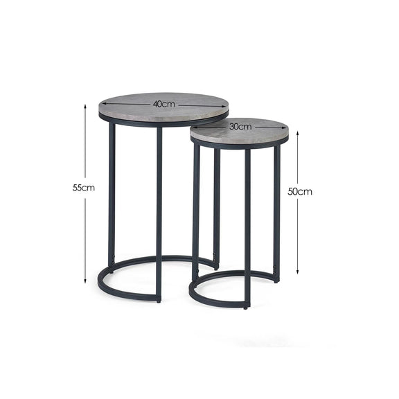 Two round side tables with dimensions indicated on a white background