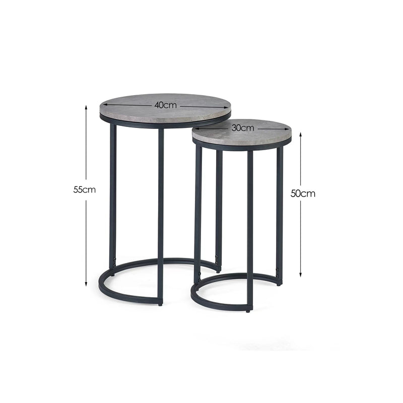 Two round side tables with dimensions indicated on a white background