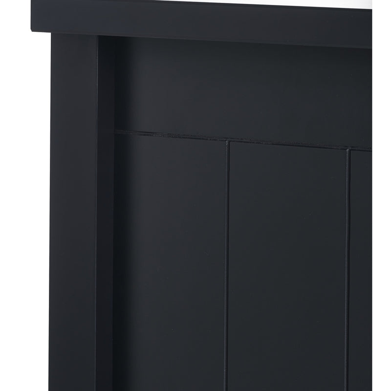 Close-up of a black cabinet door with a white background