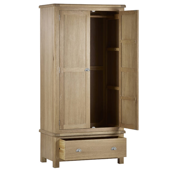 Wooden wardrobe with open doors on a white background