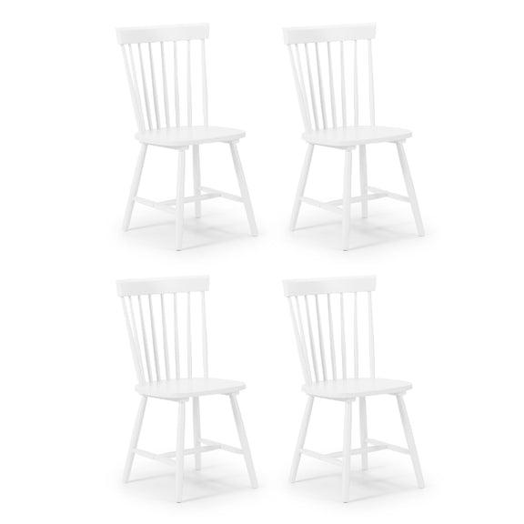 Four white bar stools with slatted backrests on a white background