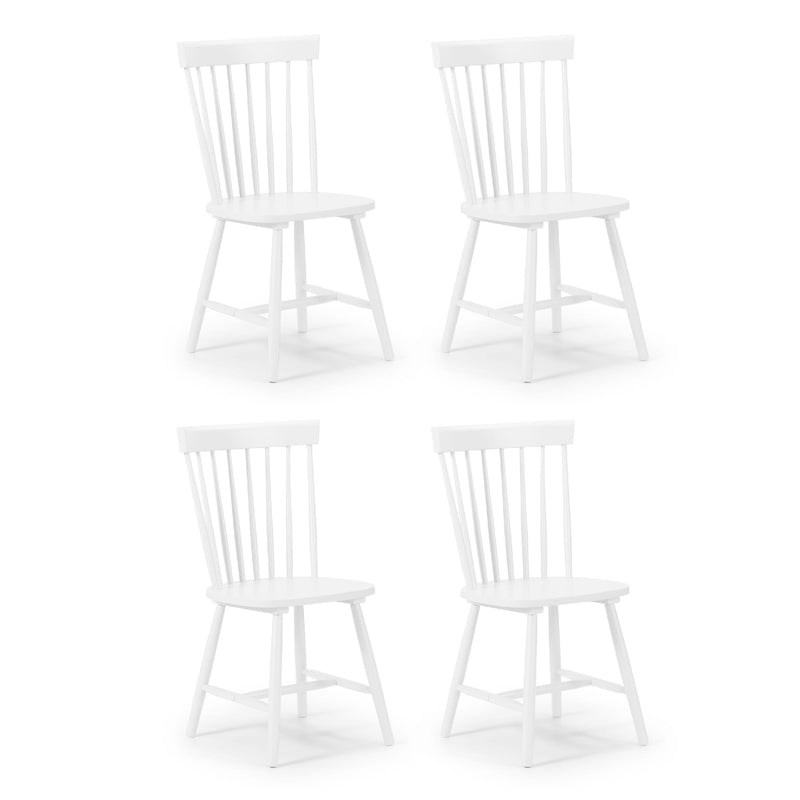 Four white bar stools with slatted backrests on a white background