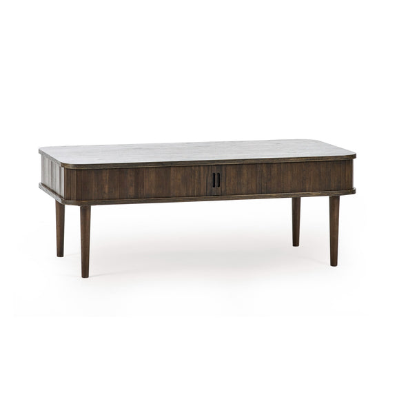 Wooden coffee table with a white marble top on a white background