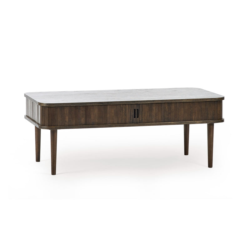 Wooden coffee table with a white marble top on a white background