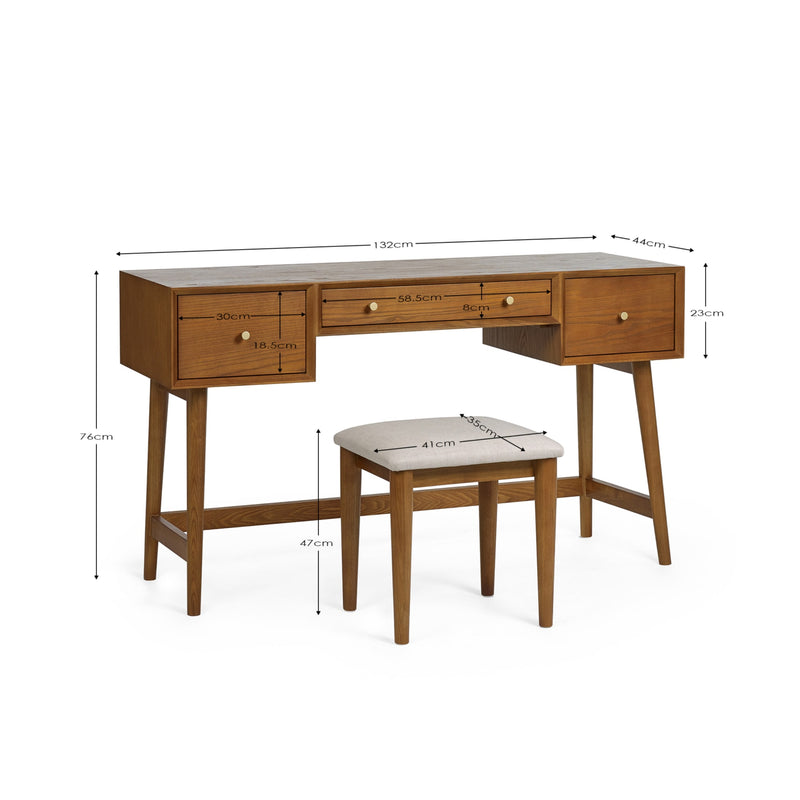 Wooden desk with dimensions labeled on a white background