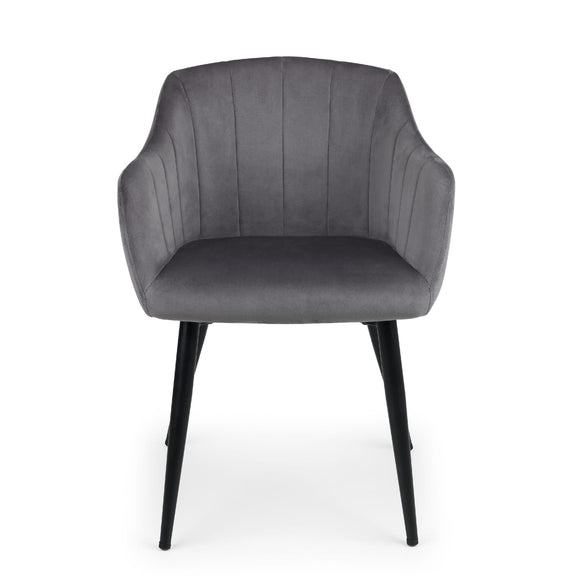 Gray upholstered chair with black legs on a white background
