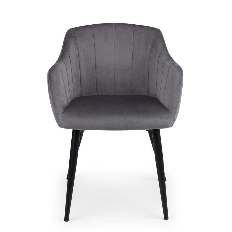 Gray upholstered chair with black legs on a white background