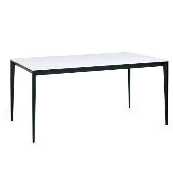 Rectangular table with white top and black legs on a white background